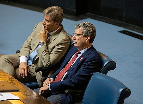 JESSICA LEE / WINNIPEG FREE PRESS

Brandon West MLA Reg Helwer (in blue) is photographed during question period May 31, 2023 at the Legislature.

Reporter: Carol Sanders