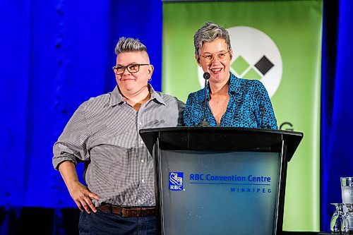 MIKAELA MACKENZIE / WINNIPEG FREE PRESS

Career Achievement in the Arts winners Lorri Millan (left) and Shawna Dempsey accept their award at the Mayor's Luncheon for the Arts at the RBC Convention Centre on Thursday, June 1, 2023. For Al Small story.
Winnipeg Free Press 2023