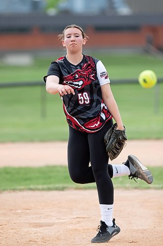 BROOK JONES / WINNIPEG FREE PRESS
The Manitoba High Schools Athletic Association Provincial Girls Fastpitch Championships take place in Ile des Ch&#xea;nes, Man., Friday, June 2 and Saturday, June 3, 2023. Pictured: Coll&#xe8;ge B&#xe9;liveau Barracudas pitcher Megan Johnston practices on the ball diamond next to the local high school on the afternoon of Thursday, June 1, 2023. 