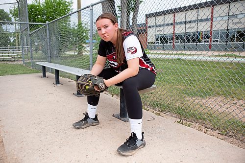 BROOK JONES / WINNIPEG FREE PRESS
The Manitoba High Schools Athletic Association Provincial Girls Fastpitch Championships take place in Ile des Ch&#xea;nes, Man., Friday, June 2 and Saturday, June 3, 2023. Pictured: Coll&#xe8;ge B&#xe9;liveau Barracudas player Megan Johnston prepares herself for the mental task of pitching at the upcoming provincial championships as she sits on a bench in the dugout at at ball diamond next to the local high school on the afternoon of Thursday, June 1, 2023.