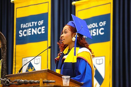 Valedictorian Olufunke Adeleye addresses her fellow Faculty of Science graduates during Brandon University's Friday morning convocation ceremony at the Healthy Living Centre. (Kyle Darbyson/The Brandon Sun)