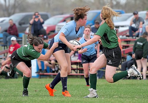 The Dauphin Clippers (green) and Rivers Rams have a third meeting of the 2023 varsity girls' rugby season today. This one's for the provincial title in Winnipeg at 2 p.m. (Thomas Friesen/The Brandon Sun)