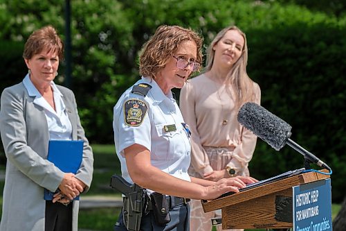 Mike Deal / Winnipeg Free Press
Insp. Helen Peters, Winnipeg Police Service speaks during the announcement while Minister Janice Morley-Lecomte (left) and Erika Hunzinger, manager, Crisis Response Centre (right) look on.
Mental Health and Community Wellness Minister Janice Morley-Lecomte announces that the province will be providing $414,000 to expand the Alternative Response to Citizens in Crisis (ARCC) initiative that provides on-site support to individuals experiencing a mental health crisis in Winnipeg. She was accompanied at the announcement on the south lawn of the Manitoba Legislative building by Environment and Climate Minister Kevin Klein, Erika Hunzinger, manager, Crisis Response Centre, Health Sciences Centre Winnipeg, and Insp. Helen Peters, Winnipeg Police Service.
See Malak Abas story
230602 - Friday, June 02, 2023.