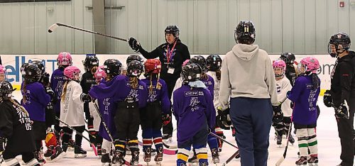 Amy Doerksen provides instruction on the next drill to her young players at the sold-out Fierce Female Hockey Camp at J&amp;G Homes Arena on Saturday morning. The second annual event finished up late Sunday afternoon. (Perry Bergson/The Brandon Sun)