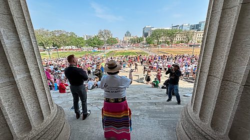 Assembly of Manitoba Chiefs Grand Chief Cathy Merricks speaks at a rally before the Pride Parade in Winnipeg on June 4. (John Woods / Winnipeg Free Press)