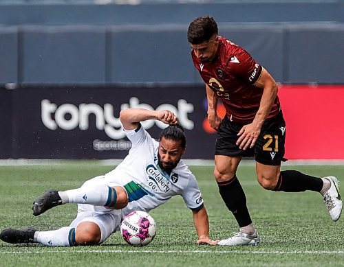 JOHN WOODS / WINNIPEG FREE PRESS
Valour FC&#x573; Marcello Polisi (21) defends against York United FC&#x573; Molham Babouli (18) during first half Canadian Premier League action in Winnipeg Sunday, June 4, 2023. 

Reporter: ?