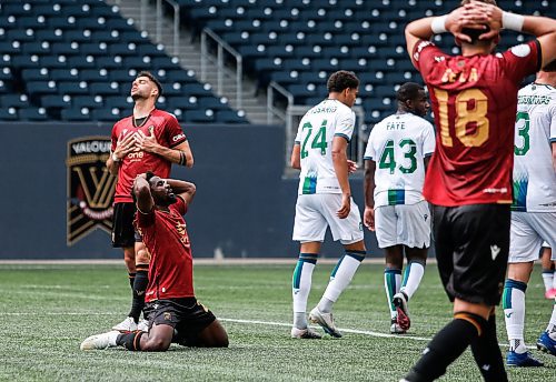 JOHN WOODS / WINNIPEG FREE PRESS
Valour FC&#x2019;s Pacifique Niyongabire (24) and  Siaj Romero (32) react after Niyongabire misses the goal against York United FC during first half Canadian Premier League action in Winnipeg Sunday, June 4, 2023.
 
Reporter: ?