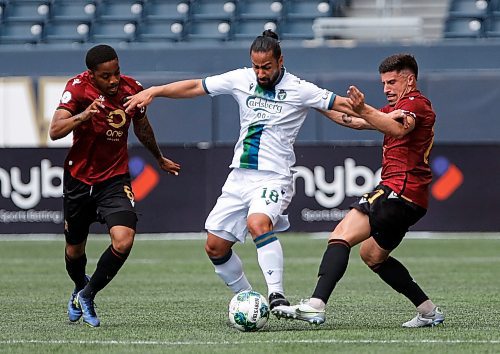 JOHN WOODS / WINNIPEG FREE PRESS
Valour FC&#x2019;s Dante Campbell (6) and Marcello Polisi (21) defend against York United FC&#x2019;s Molham Babouli (18) during first half Canadian Premier League action in Winnipeg Sunday, June 4, 2023. 

Reporter: ?