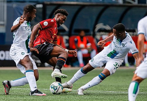 JOHN WOODS / WINNIPEG FREE PRESS
York United FC&#x2019;s Lassana Faye (43) and Abrahim Mohamed Soumaoro (32) defend against Valour FC&#x2019;s Pacifique Niyongabire (24) during first half Canadian Premier League action in Winnipeg Sunday, June 4, 2023. 

Reporter: ?