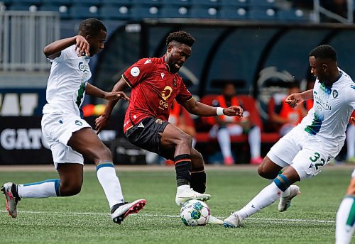 JOHN WOODS / WINNIPEG FREE PRESS
York United FC&#x573; Lassana Faye (43) and Abrahim Mohamed Soumaoro (32) defend against Valour FC&#x573; Pacifique Niyongabire (24) during first half Canadian Premier League action in Winnipeg Sunday, June 4, 2023. 

Reporter: ?