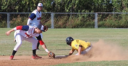 Kai Ryden (3) of the Deloraine Royals slides safely into the far side of second base to avoid a tag by Colten Boudreau (18) of the Elmwood Giants during the senior AA provincials last summer in Rivers. (Perry Bergson/The Brandon Sun)
