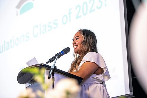 MIKAELA MACKENZIE / WINNIPEG FREE PRESS


Valedictorian Lynette Trinidad speaks at the College of Nursing graduating class of 2023 pinning ceremony at the IG Field Pinnacle Club on Wednesday, June 7, 2023. For Cierra story.
Winnipeg Free Press 2023