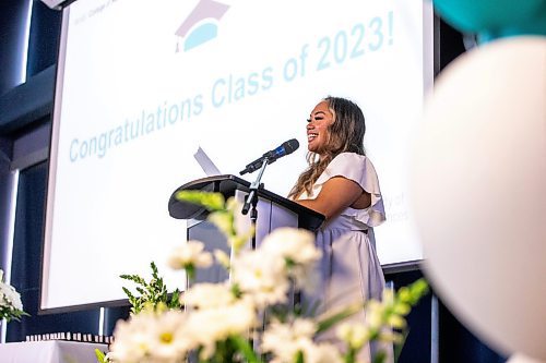 MIKAELA MACKENZIE / WINNIPEG FREE PRESS


Valedictorian Lynette Trinidad speaks at the College of Nursing graduating class of 2023 pinning ceremony at the IG Field Pinnacle Club on Wednesday, June 7, 2023. For Cierra story.
Winnipeg Free Press 2023