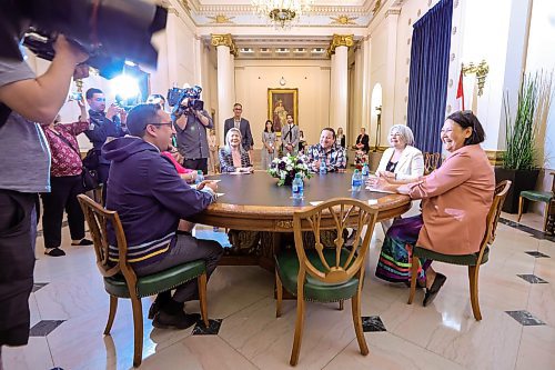 RUTH BONNEVILLE / WINNIPEG FREE PRESS

LOCAL - gov gen Simon visits Mb. 

Photo of Governor General of Canada, Mary Simon, with Cathy Merrick AMC Grand Chief  to her left and Jerry Daniels Grand Chief of the Southern Chiefs' Organization (SCO), during round table discussion with Indigenous leaders Wednesday.   Other names to come.


Governor General of Canada, Mary Simon,  makes an official visit to Manitoba  meeting with government  and Indigenous leaders Wednesday. 

During her visit on Wednesday she met with Premier Heather Stefanson, Manitoba's  lieutenant-governor Anita Neville at Government House, Cathy Merrick AMC Grand Chief and other Indigenous leaders and  Minister of Indigenous Reconciliation and Northern Relations Eileen Clarke in round table discussion at the Legislature.

June 7th,  2023
