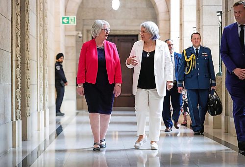 RUTH BONNEVILLE / WINNIPEG FREE PRESS

LOCAL - gov gen Simon visits Mb. 

Photo of Governor General of Canada, Mary Simon, walking with Minister of Indigenous Reconciliation and Northern Relations Eileen Clarke, at the Legislative building during visit Wednesday. 


Governor General of Canada, Mary Simon,  makes an official visit to Manitoba  meeting with government  and Indigenous leaders Wednesday. 

During her visit on Wednesday she met with Premier Heather Stefanson, Manitoba's  lieutenant-governor Anita Neville at Government House, Cathy Merrick AMC Grand Chief and other Indigenous leaders and  Minister of Indigenous Reconciliation and Northern Relations Eileen Clarke in round table discussion at the Legislature.

June 7th,  2023