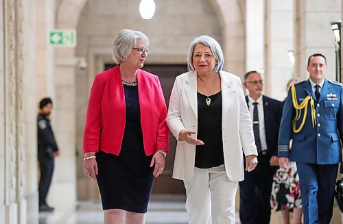 RUTH BONNEVILLE / WINNIPEG FREE PRESS

LOCAL - gov gen Simon visits Mb. 

Photo of Governor General of Canada, Mary Simon, walking with Minister of Indigenous Reconciliation and Northern Relations Eileen Clarke, at the Legislative building during visit Wednesday. 


Governor General of Canada, Mary Simon,  makes an official visit to Manitoba  meeting with government  and Indigenous leaders Wednesday. 

During her visit on Wednesday she met with Premier Heather Stefanson, Manitoba's  lieutenant-governor Anita Neville at Government House, Cathy Merrick AMC Grand Chief and other Indigenous leaders and  Minister of Indigenous Reconciliation and Northern Relations Eileen Clarke in round table discussion at the Legislature.

June 7th,  2023