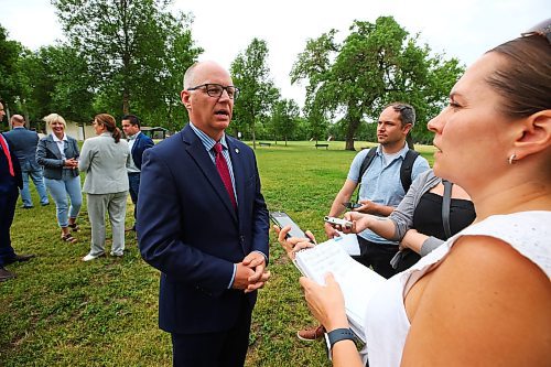 MIKE DEAL / WINNIPEG FREE PRESS

Mayor Scott Gillingham speaks during Premier Heather Stefanson&#x2019;s announcement that the government is committing to invest in critical infrastructure projects to promote new commercial and residential development, and position the province as a strategic transportation hub, while at an event in Kildonan Park Thursday morning. 
230608 - Thursday, June 8, 2023. 