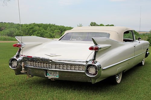 The rear chrome bumper, high tailfins and double tail lights on Elwin and Elaine Kettner's 1959 Cadillac 2-door convertible, in a park near their home northwest of Brandon on Thursday. (Michele McDougall/The Brandon Sun) 