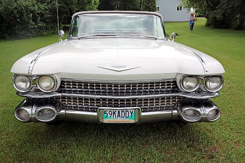 The front double grill of Elwin and Elaine Kettner's 1959 Cadillac 2-door convertible, near their home northwest of Brandon on Thursday. (Michele McDougall/The Brandon Sun) 