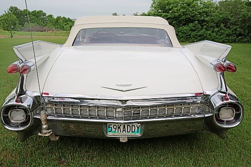 The rear bumper of Elwin and Elaine Kettner's 1959 Cadillac 2-door convertible, near their home northwest of Brandon on Thursday. (Michele McDougall/The Brandon Sun) 