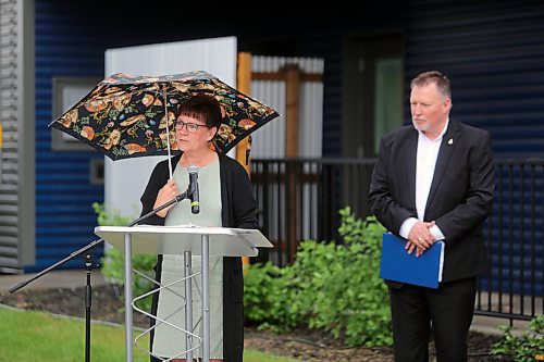 Mental Health and Community Wellness Minister Janice Morley-Lecomte stands outside the Westman Youth for Christ Blue Lions complex on Lorne Avenue in Brandon on Thursday to announce $4.7 milion in mental health and addiction services funding for the Prairie Mountain, Interlake-Eastern and Northern health regions. (Colin Slark/The Brandon Sun)