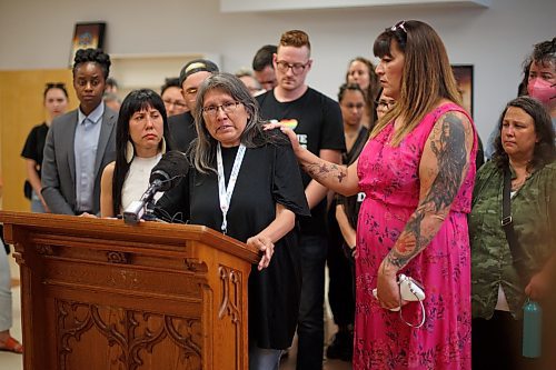 Mike Deal / Winnipeg Free Press
Residential School survivor Viv Ketchum is consoled by MLA Bernadette Smith as she speaks during the call for Naloxone support.
Federal NDP MP Leah Gazan (Winnipeg Centre) speaks during the call for Federal help with Naloxone inventory.
Many of the frontline organizations who are dealing with people that require Naloxone gathered at West End Commons, 365 McGee Street, with members of the Federal and Provincial NDP party to urge both levels of government to increase inventory of the drug in Winnipeg.
See Malak Abas story
230608 - Thursday, June 08, 2023.