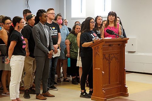 Mike Deal / Winnipeg Free Press
Megan Michell, Outreach Worker at West Central Women&#x2019;s Resource Centre, speaks during the call for Naloxone support.
Many of the frontline organizations who are dealing with people that require Naloxone gathered at West End Commons, 365 McGee Street, with members of the Federal and Provincial NDP party to urge both levels of government to increase inventory of the drug in Winnipeg.
See Malak Abas story
230608 - Thursday, June 08, 2023.