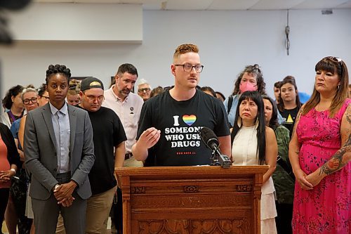 Mike Deal / Winnipeg Free Press
Tristan Dreilich, Selkirk Network Coordinator with Manitoba Harm Reduction Network, speaks during the call for Naloxone support.
Federal NDP MP Leah Gazan (Winnipeg Centre) speaks during the call for Federal help with Naloxone inventory.
Many of the frontline organizations who are dealing with people that require Naloxone gathered at West End Commons, 365 McGee Street, with members of the Federal and Provincial NDP party to urge both levels of government to increase inventory of the drug in Winnipeg.
See Malak Abas story
230608 - Thursday, June 08, 2023.