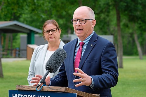 Mike Deal / Winnipeg Free Press
Mayor Scott Gillingham speaks during a media event with Premier Heather Stefanson about the provincial government committing to invest in critical infrastructure projects to promote new commercial and residential development, and position the province as a strategic transportation hub, during an event in Kildonan Park Thursday morning. 
230608 - Thursday, June 08, 2023.