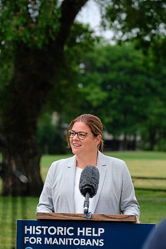 Mike Deal / Winnipeg Free Press
Premier Heather Stefanson during a media event in Kildonan Park Thursday morning regarding the provincial government&#x2019;s committiment to invest in critical infrastructure projects to promote new commercial and residential development, and position the province as a strategic transportation hub. 
230608 - Thursday, June 08, 2023.