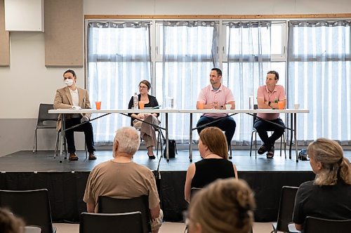 JESSICA LEE / WINNIPEG FREE PRESS

Candidates (from left to right) Tait Paulson, Julia Riddell, Ben Carr and Doug Hemmerling are photographed during a By-Election debate for the MP position at Winnipeg South Centre at Riverview Community Centre June 8, 2023. Over two dozen community members attended.

Reporter: Tyler Searle