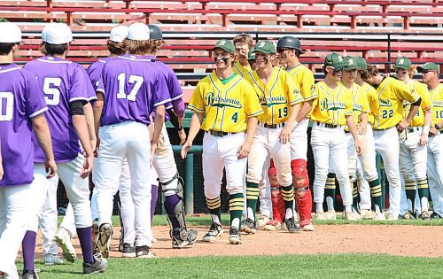The Boissevain-Wawanesa Broncos and Vincent Massey Vikings shake hands after Boissevain won the Prairie West High School Baseball League championship game 11-1 at Andrews Field on Friday afternoon to win defend their title. (Perry Bergson/The Brandon Sun)