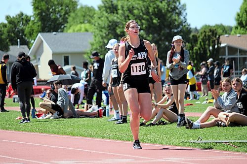 Vincent Massey's Juliana Crocker sprints to the finish line first in the 800-metre race on her way to winning the varsity girls petnathlon for the second straight year at the MHSAA provincial track and field championships at UCT Stadium on Saturday. (Lucas Punkari/The Brandon Sun)