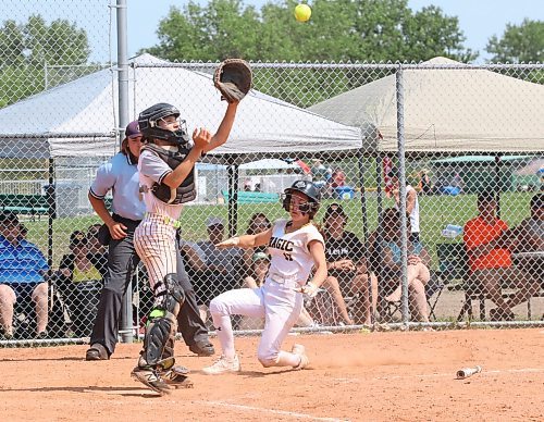 Westman Magic base runner Kylan Solomon (17) scores as Eastman Magic catcher Pascale Kihn (9) of La Broquerie waits for the ball during the final of the International Classic&#x2019;s gold medal game at the Ashley Neufeld Softball Complex in Brandon on Sunday afternoon. Westman won 7-4. (Perry Bergson/The Brandon Sun)