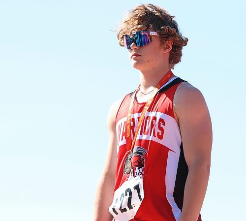 Jack Clark of Wawanesa won the junior varsity boys discus throw with a winning toss of 32.87m, almost a metre longer than Jack Vandersteen of Stonewall, who finished in second with a throw of 31.99m. (Perry Bergson/The Brandon Sun)
