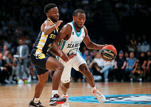 JOHN WOODS / WINNIPEG FREE PRESS
Winnipeg Sea Bears&#x2019; Jelani Watson-Gayle (3) goes up for the basket against Edmonton Stingers&#x2019; Elijah Miller (12) in first half CEBL action in Winnipeg, Monday, June 12, 2023. 

Reporter: sawatzki