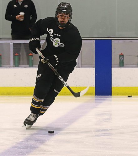 Five-foot-11, 160-pound forward Maddox Gandha (12) is the first hockey player in his family. He is shown at the team&#x2019;s prospects camp in late May at J&amp;G Homes Arena. (Perry Bergson/The Brandon Sun
