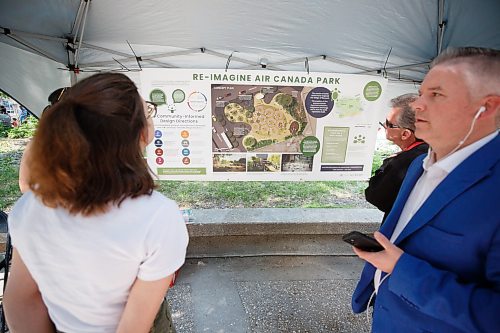 Mike Deal / Winnipeg Free Press
Staff from Scatliff + Miller + Murray were on hand to talk about the re-imagined park design.
A noon-hour event held by the Downtown Winnipeg BIZ included a reveal of the concept plan and design intent for the future of the Air Canada Window Park on the corner of Carlton and Portage as well as the annual planting and celebration by volunteers and the Downtown Winnipeg BIZ Streetscape Team.
230612 - Monday, June 12, 2023.