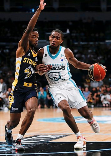 JOHN WOODS / WINNIPEG FREE PRESS
Winnipeg Sea Bears&#x2019; Jelani Watson-Gayle (3) goes up for the basket against Edmonton Stingers&#x2019; Elijah Miller (12) in first half CEBL action in Winnipeg, Monday, June 12, 2023. 

Reporter: sawatzki