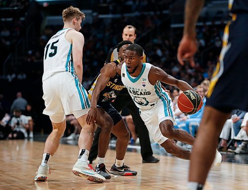 JOHN WOODS / WINNIPEG FREE PRESS
Winnipeg Sea Bears&#x2019; Jelani Watson-Gayle (3) goes drives for the net against Edmonton Stingers in first half CEBL action in Winnipeg, Monday, June 12, 2023. 

Reporter: sawatzki