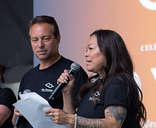 Mike Thiessen / Winnipeg Free Press 
Jessica Dumas (right), of Jessica Dumas Coaching and Training, and Ryan Klassen, of Juno Growth Canada Inc., host the Winnipeg Chamber of Commerce&#x2019;s 150th anniversary celebration at True North Square. 230613 &#x2013; Tuesday, June 13, 2023