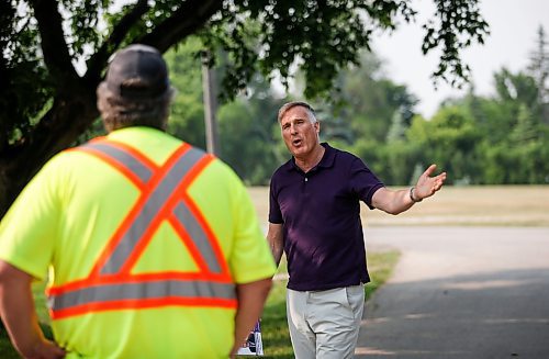JOHN WOODS / WINNIPEG FREE PRESS
Maxime Bernier, leader of the People&#x2019;s Party of Canada (PPC), speaks to Joe Dyck as he canvasses residents in Roland, Manitoba, Tuesday, June 13, 2023. Bernier is running in the Portage-Lisgar by-election.

Reporter: sanders