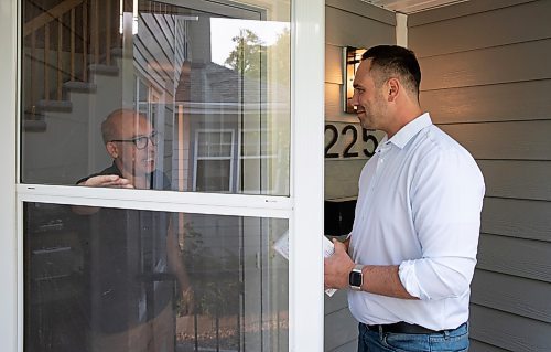 JESSICA LEE / WINNIPEG FREE PRESS

Liberal candidate Ben Carr (right) speaks to North River Heights resident Harry Ingleby at his home June 14, 2023 while canvassing.

Reporter: Danielle Da Silva