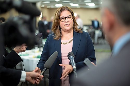 Mike Deal / Winnipeg Free Press
Premier Heather Stefanson takes questions from the media after taking part in the Manitoba Heavy Construction Association&#x2019;s (MHCA) 2023 Breakfast with the Leaders series at the Holiday Inn Express Winnipeg Airport, 1740 Ellice Ave, Tuesday morning.
See Gabby story
230411 - Tuesday, April 11, 2023.