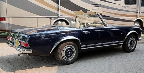 A side shot of Manfred and Penny Wicht's 1965 Mercedes Benz 230 SL ‘Pagoda’, two-seat roadster/coupé, also known as the Mercedes Benz W113 convertible in Brandon on Thursday. (Michele McDougall/The Brandon Sun)