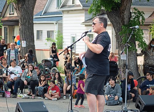 Mike Thiessen / Winnipeg Free Press 
Inner City Youth Alive founder Kent Dueck speaking at the annual North End block party. The event is held by Inner City Youth Alive, a local non-profit serving children in the Winnipeg&#x2019;s North End. 230615 &#x2013; Thursday, June 15, 2023