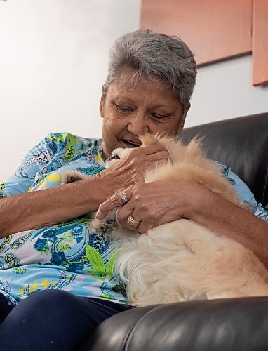 Mike Thiessen / Winnipeg Free Press 
Ruby Vanasse with her dog Blondie. Blondie is believed to have been cut loose from her leash in the yard outside Vanasse&#x2019;s apartment, and was miraculously reunited with her owners over a year later. For Graham McDonald. 230616 &#x2013; Friday, June 16, 2023