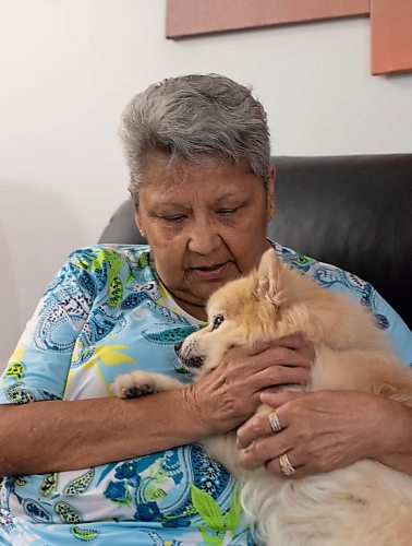 Mike Thiessen / Winnipeg Free Press 
Ruby Vanasse with her dog Blondie. Blondie is believed to have been cut loose from her leash in the yard outside Vanasse&#x2019;s apartment, and was miraculously reunited with her owners over a year later. For Graham McDonald. 230616 &#x2013; Friday, June 16, 2023