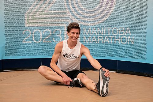 BROOK JONES / WINNIPEG FREE PRESS
Daniel Heschuk, who is from Neepawa, is competing in the Half Marathon National Championships at the Manitoba Marathon in Winnipeg, Man., Sunday, June 18, 2023. Heschuk is pictured stretching while attending the Fit Expo at Investors Group Athletic Centre at the University of Manitoba in Winnipeg, Man., Friday, June 16, 2023. The Manitoba Marathon is celebrating its 45th running of the event. 
