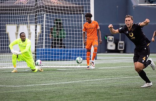 JESSICA LEE / WINNIPEG FREE PRESS

Forge FC goalkeeper Triston Henry (left) looks on while Valour FC player Guillaume Pianelli (right) celebrates after he scores in the first half of the game at IG Field June 16, 2023.

Reporter: Joshua Frey-Sam



